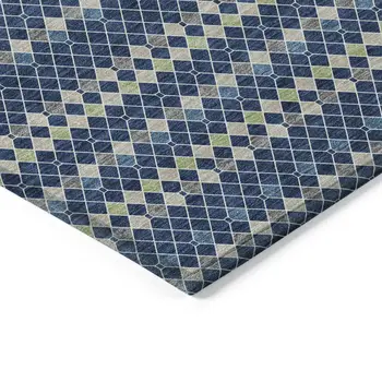 8' X 10' Navy Blue And Mint Green Striped Washable Indoor Outdoor Area Rug