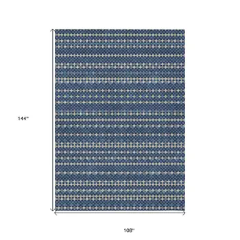 9' X 12' Navy Blue And Mint Green Striped Washable Indoor Outdoor Area Rug