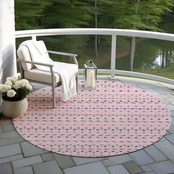 8' Pink And Ivory Round Striped Washable Indoor Outdoor Area Rug