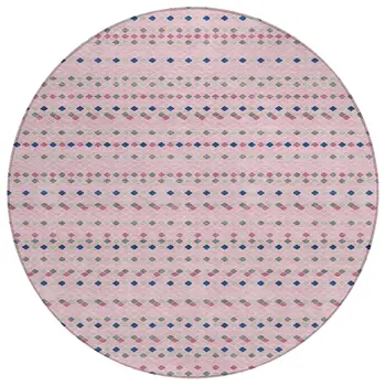 8' Pink And Ivory Round Striped Washable Indoor Outdoor Area Rug