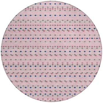 8' Pink And Ivory Round Striped Washable Indoor Outdoor Area Rug