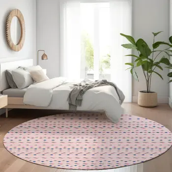 8' Pink And Ivory Round Striped Washable Indoor Outdoor Area Rug