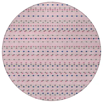 8' Pink And Ivory Round Striped Washable Indoor Outdoor Area Rug