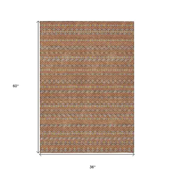 3' X 5' Orange And Taupe Striped Washable Indoor Outdoor Area Rug