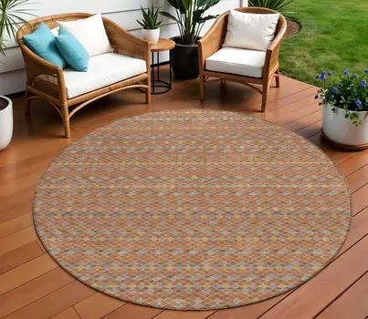 8' Orange And Taupe Round Striped Washable Indoor Outdoor Area Rug