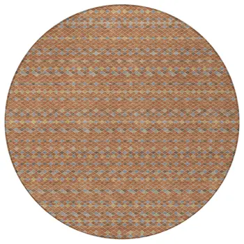 8' Orange And Taupe Round Striped Washable Indoor Outdoor Area Rug