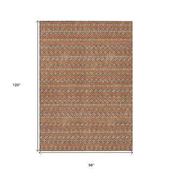 8' X 10' Orange And Taupe Striped Washable Indoor Outdoor Area Rug