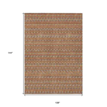 9' X 12' Orange And Taupe Striped Washable Indoor Outdoor Area Rug