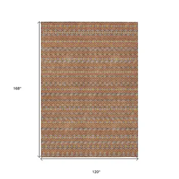 10' X 14' Orange And Taupe Striped Washable Indoor Outdoor Area Rug