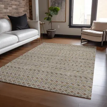 5' X 8' Taupe And Copper Striped Washable Indoor Outdoor Area Rug