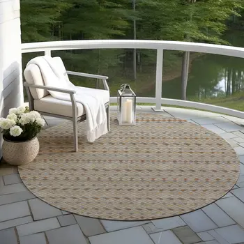 8' Taupe And Copper Round Striped Washable Indoor Outdoor Area Rug