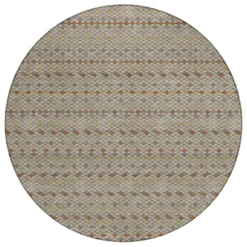 8' Taupe And Copper Round Striped Washable Indoor Outdoor Area Rug