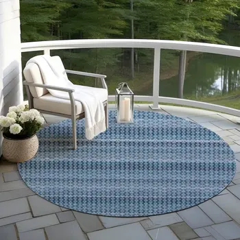 8' Denim Blue And Sky Blue Round Striped Washable Indoor Outdoor Area Rug
