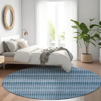 8' Denim Blue And Sky Blue Round Striped Washable Indoor Outdoor Area Rug