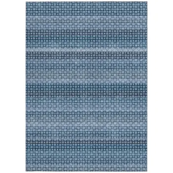 9' X 12' Denim Blue And Sky Blue Striped Washable Indoor Outdoor Area Rug