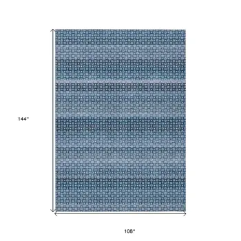 9' X 12' Denim Blue And Sky Blue Striped Washable Indoor Outdoor Area Rug