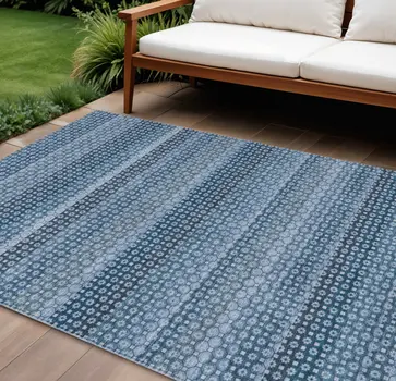9' X 12' Denim Blue And Sky Blue Striped Washable Indoor Outdoor Area Rug