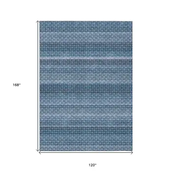 10' X 14' Denim Blue And Sky Blue Striped Washable Indoor Outdoor Area Rug
