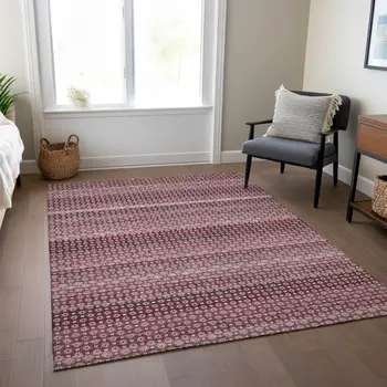 5' X 8' Red And Burgundy Striped Washable Indoor Outdoor Area Rug