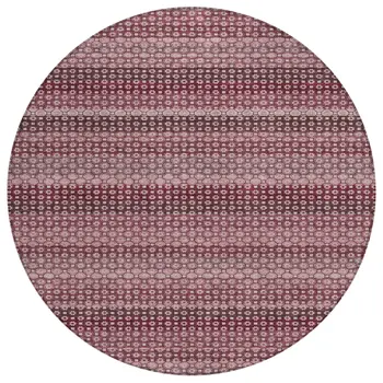 8' Red And Burgundy Round Striped Washable Indoor Outdoor Area Rug