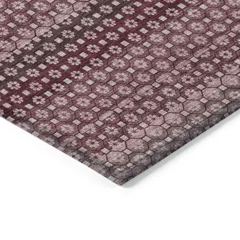 8' Red And Burgundy Round Striped Washable Indoor Outdoor Area Rug