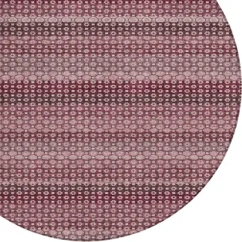 8' Red And Burgundy Round Striped Washable Indoor Outdoor Area Rug