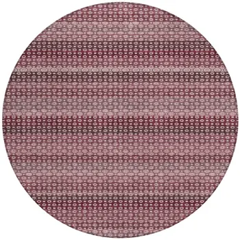 8' Red And Burgundy Round Striped Washable Indoor Outdoor Area Rug
