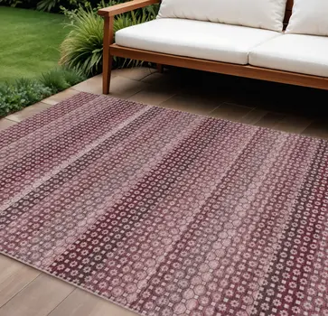 9' X 12' Red And Burgundy Striped Washable Indoor Outdoor Area Rug