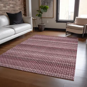 9' X 12' Red And Burgundy Striped Washable Indoor Outdoor Area Rug