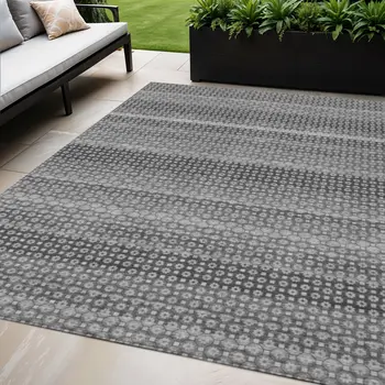 5' X 8' Gray And Silver Striped Washable Indoor Outdoor Area Rug