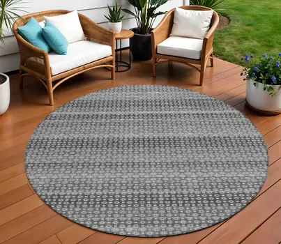 8' Gray And Silver Round Striped Washable Indoor Outdoor Area Rug