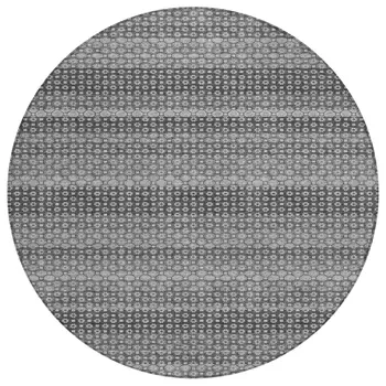 8' Gray And Silver Round Striped Washable Indoor Outdoor Area Rug