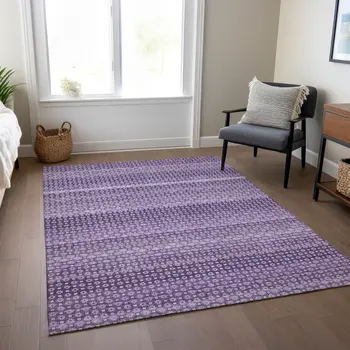 9' X 12' Lavender And Purple Striped Washable Indoor Outdoor Area Rug
