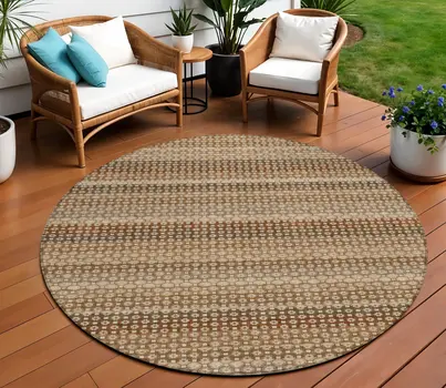 8' Orange And Copper Round Striped Washable Indoor Outdoor Area Rug