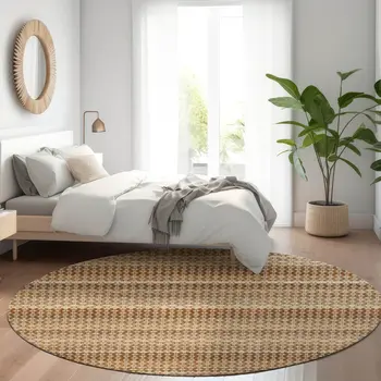 8' Orange And Copper Round Striped Washable Indoor Outdoor Area Rug