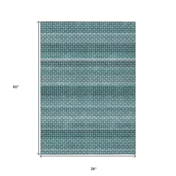 3' X 5' Teal Blue And Aqua Striped Washable Indoor Outdoor Area Rug