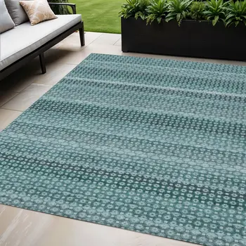5' X 8' Teal Blue And Aqua Striped Washable Indoor Outdoor Area Rug