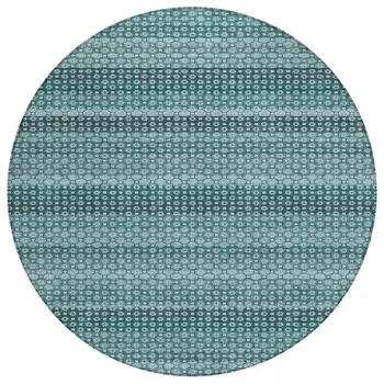8' Teal Blue And Aqua Round Striped Washable Indoor Outdoor Area Rug