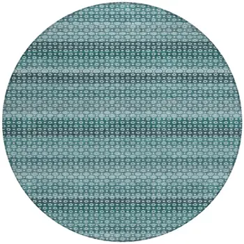 8' Teal Blue And Aqua Round Striped Washable Indoor Outdoor Area Rug