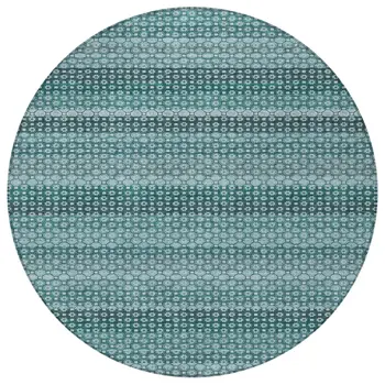 8' Teal Blue And Aqua Round Striped Washable Indoor Outdoor Area Rug