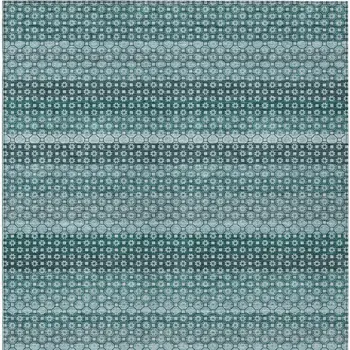 8' X 10' Teal Blue And Aqua Striped Washable Indoor Outdoor Area Rug