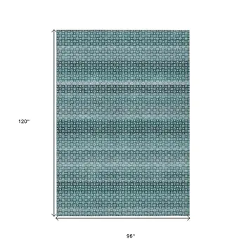 8' X 10' Teal Blue And Aqua Striped Washable Indoor Outdoor Area Rug