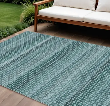 8' X 10' Teal Blue And Aqua Striped Washable Indoor Outdoor Area Rug
