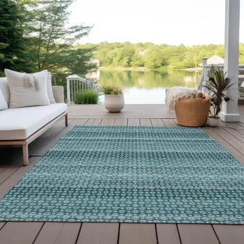 8' X 10' Teal Blue And Aqua Striped Washable Indoor Outdoor Area Rug