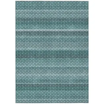 8' X 10' Teal Blue And Aqua Striped Washable Indoor Outdoor Area Rug