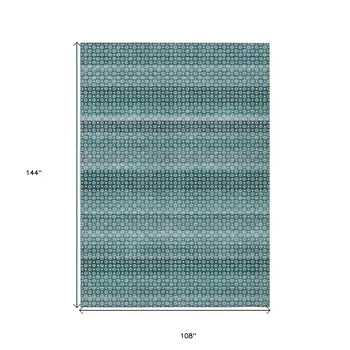 9' X 12' Teal Blue And Aqua Striped Washable Indoor Outdoor Area Rug