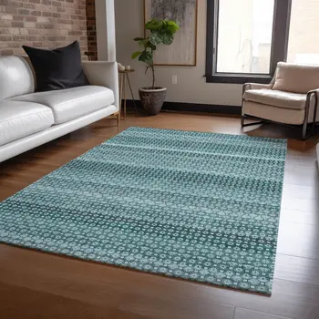 9' X 12' Teal Blue And Aqua Striped Washable Indoor Outdoor Area Rug