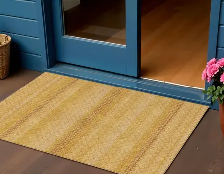 3' X 5' Wheat And Gold Striped Washable Indoor Outdoor Area Rug