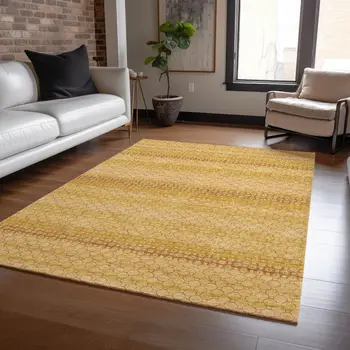 3' X 5' Wheat And Gold Striped Washable Indoor Outdoor Area Rug