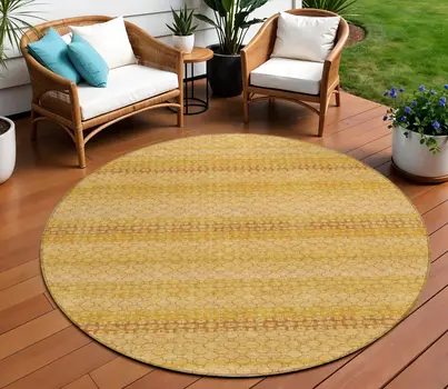 8' Wheat And Gold Round Striped Washable Indoor Outdoor Area Rug